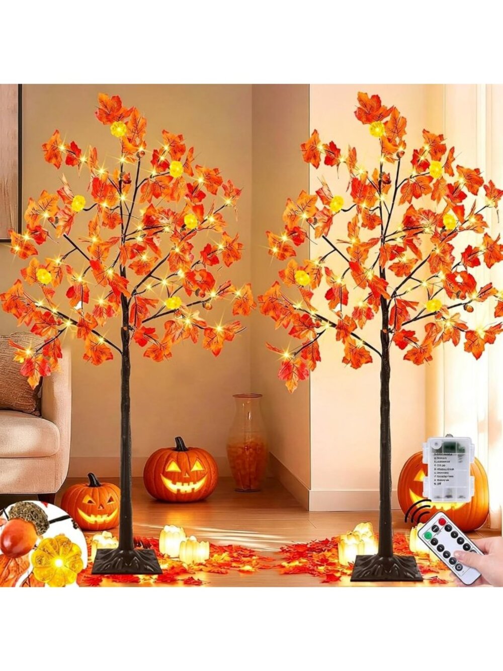 2 Pack 4FT Prelit Fall Maple Trees with 96 LED Pumpkin & Acorn Lights